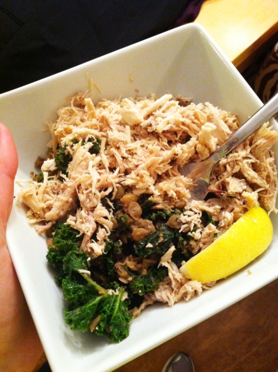 Shredded chicken with kale and lentils